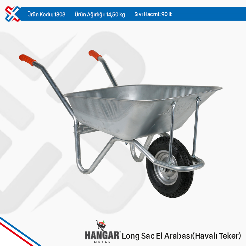 Hangar Long Sheet Metal Wheelbarrow  - Pneumatic Wheel